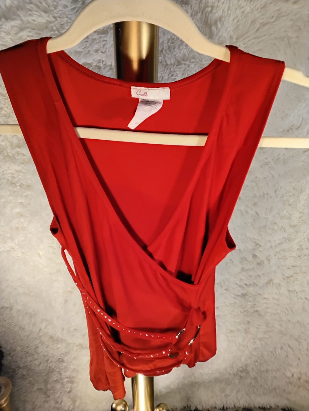 Bright Red Sleeveless Wrap Tank with Studded Side Belt